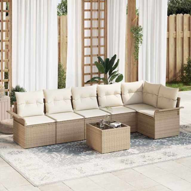 vidaXL Gartensofa-set mit Kissen 7 pcs Beige Poly-Rattan