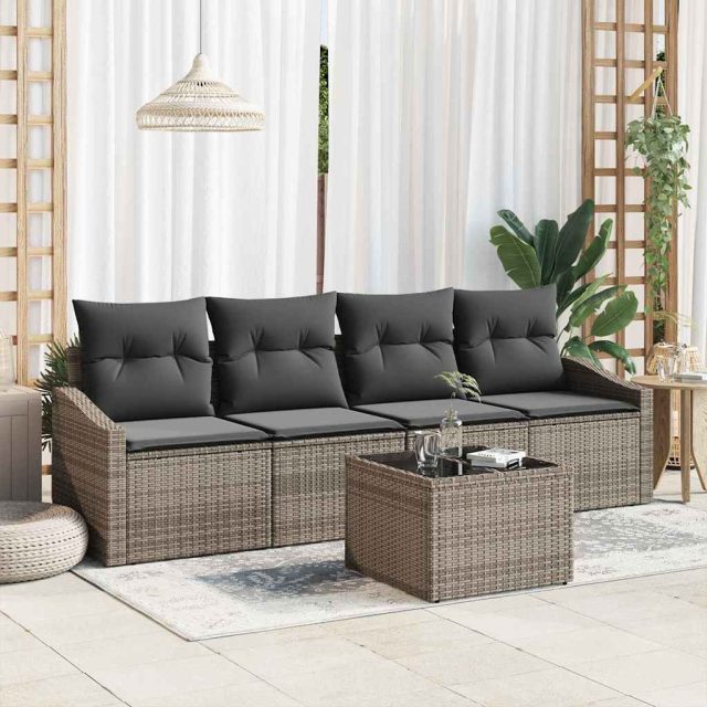 vidaXL Sofa Set mit Kissen mit Kissen 5 pcs Grau Poly Rattan