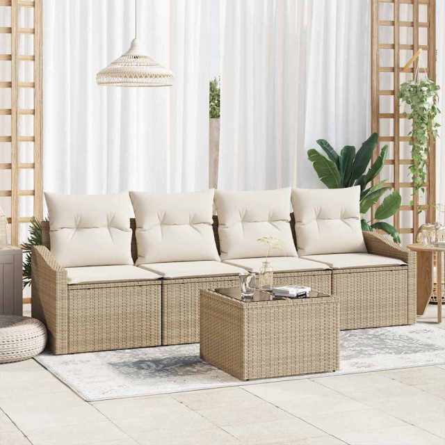 vidaXL Sofa Set mit Kissen 5 pcs Beige und Creme Poly Rattan