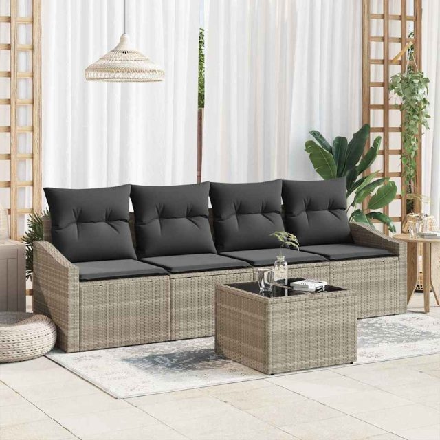 vidaXL Sofa Set mit Kissen mit Kissen 5 pcs Hellgrau Poly Rattan