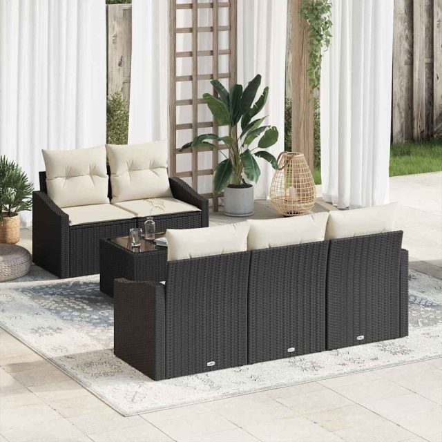 vidaXL Sofa Set mit Kissen 6 pcs Schwarz und Creme Poly Rattan