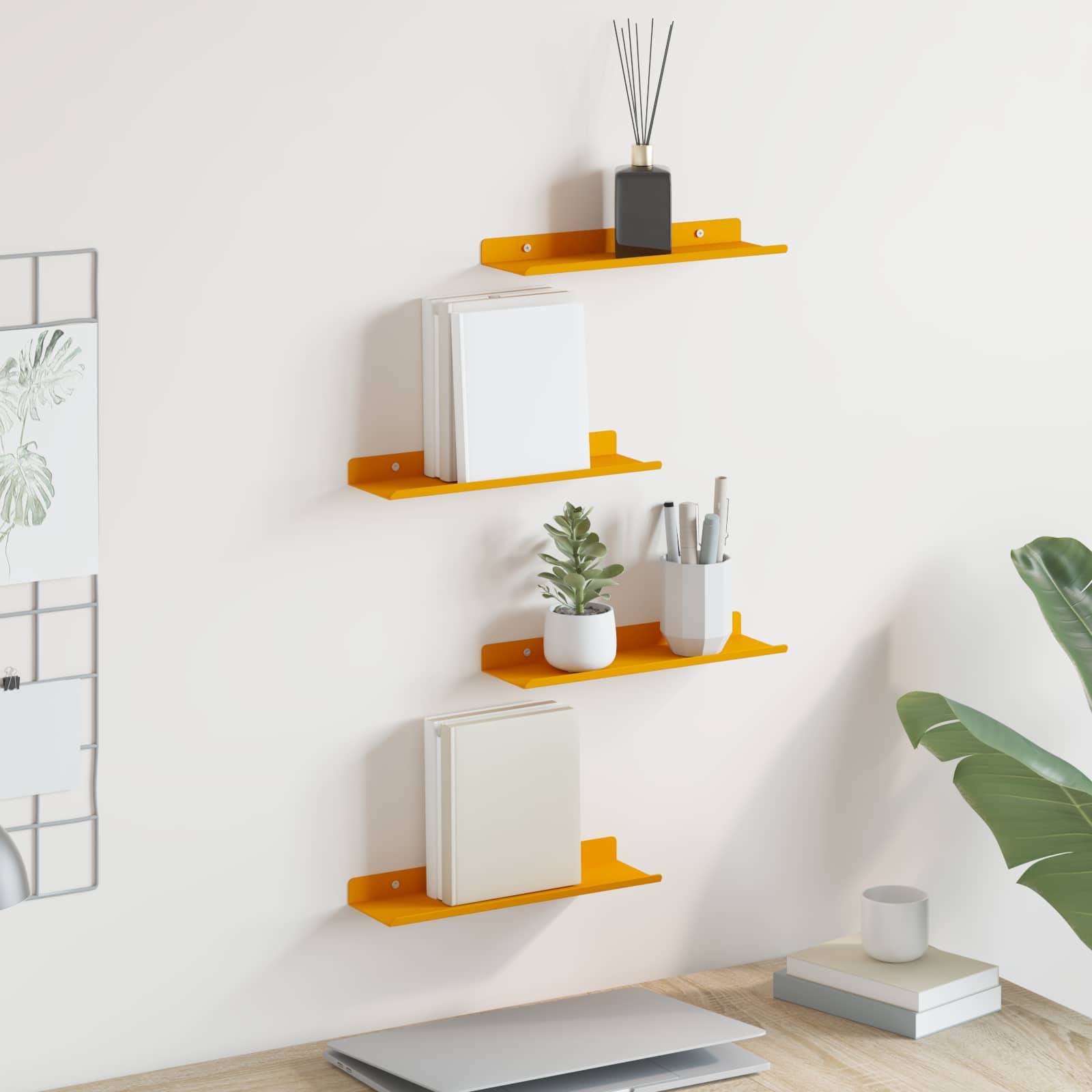 vidaXL Schwebendes Regal 4 pcs Senfgelb 30 x 9 x 2,5 cm Stahl