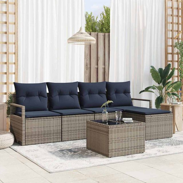vidaXL Sofa Set mit Kissen Grau Poly Rattan