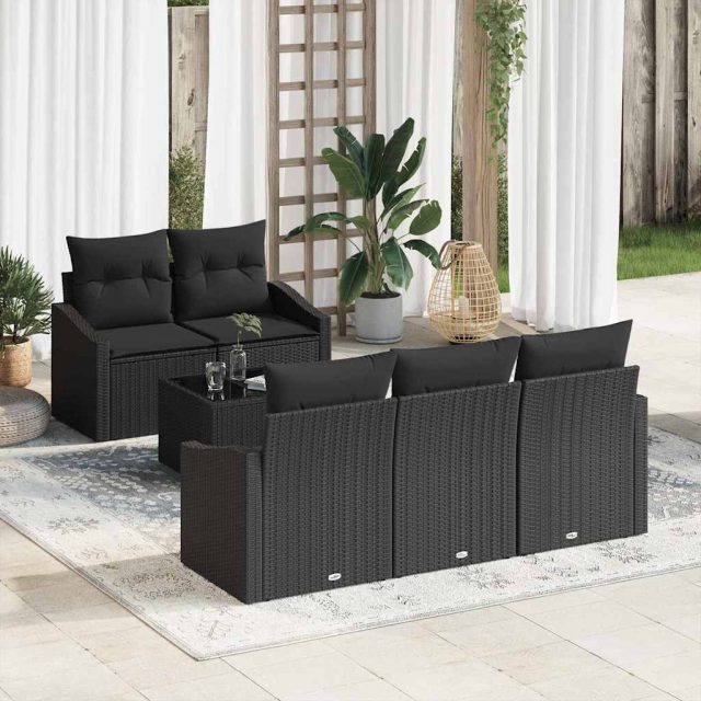 vidaXL Sofa Set mit Kissen mit Kissen 6 pcs Schwarz Poly Rattan