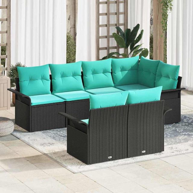 vidaXL Gartensofa-set mit Kissen 7 pcs Schwarz Poly-Rattan