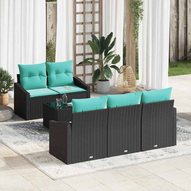 vidaXL Sofa Set mit Kissen 6 pcs Schwarz und Türkis Poly Rattan