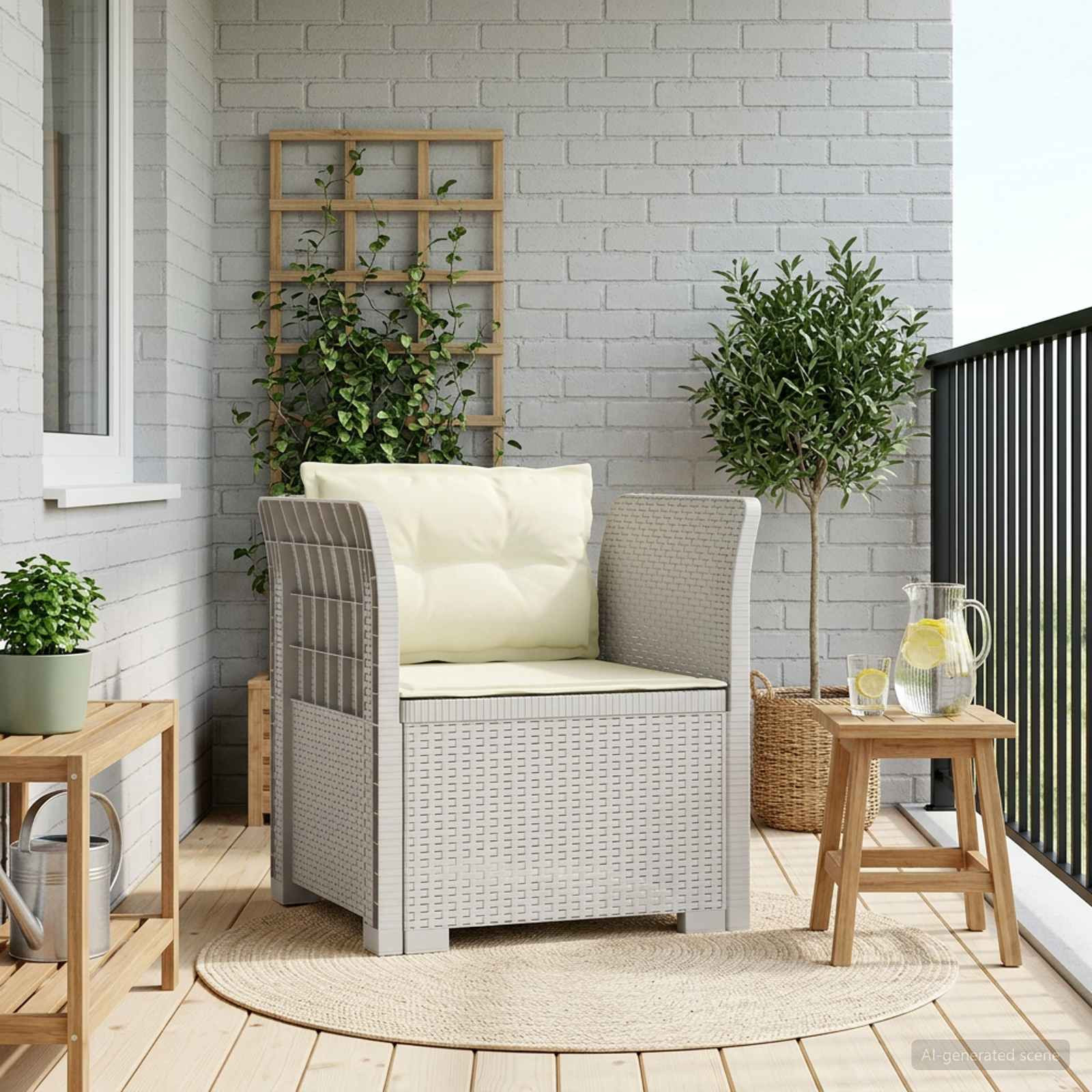 vidaXL 1-Sitzer Sessel mit Kissen Rattan-Look PP Weiß