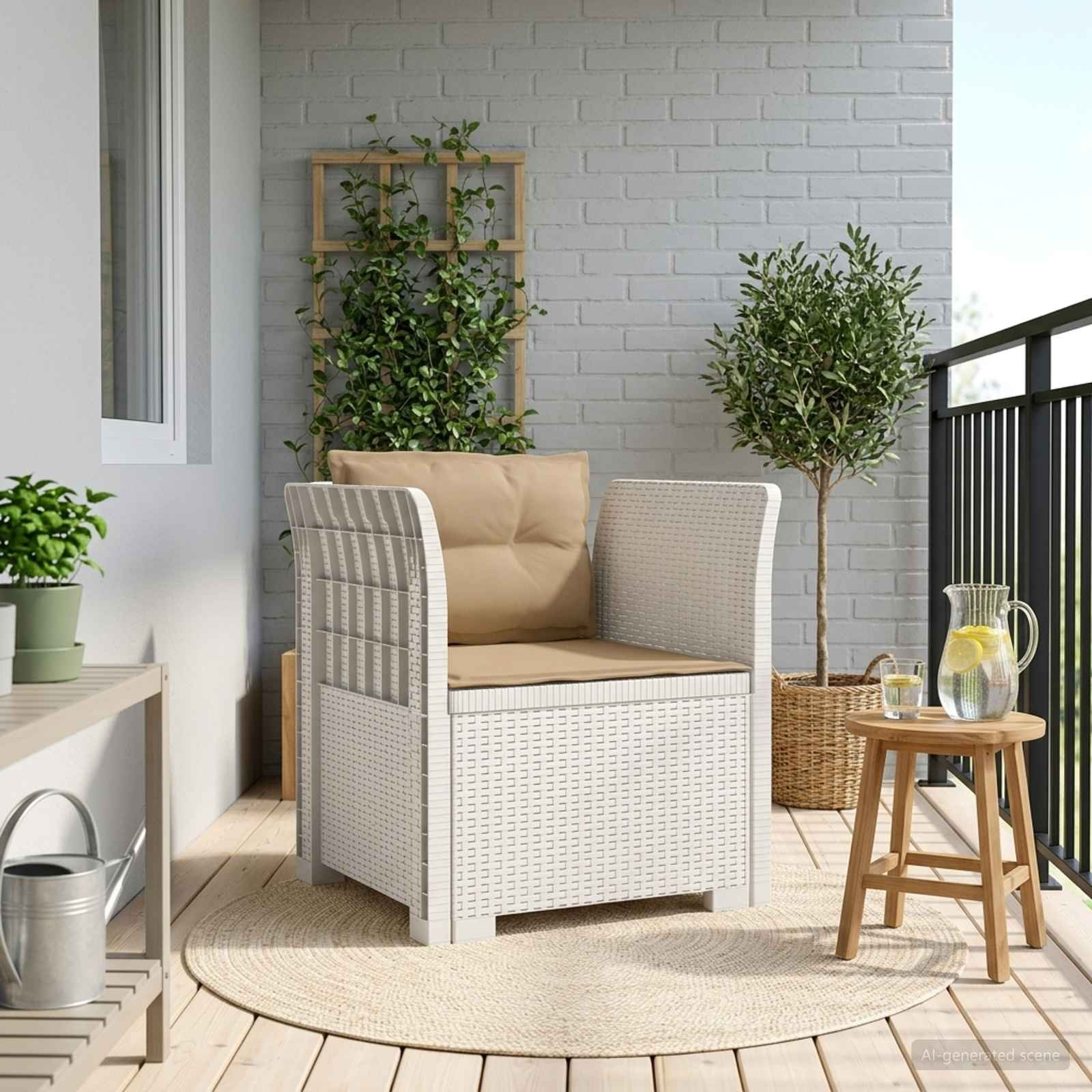 vidaXL 1-Sitzer Sessel mit Kissen Rattan-Look PP Weiß