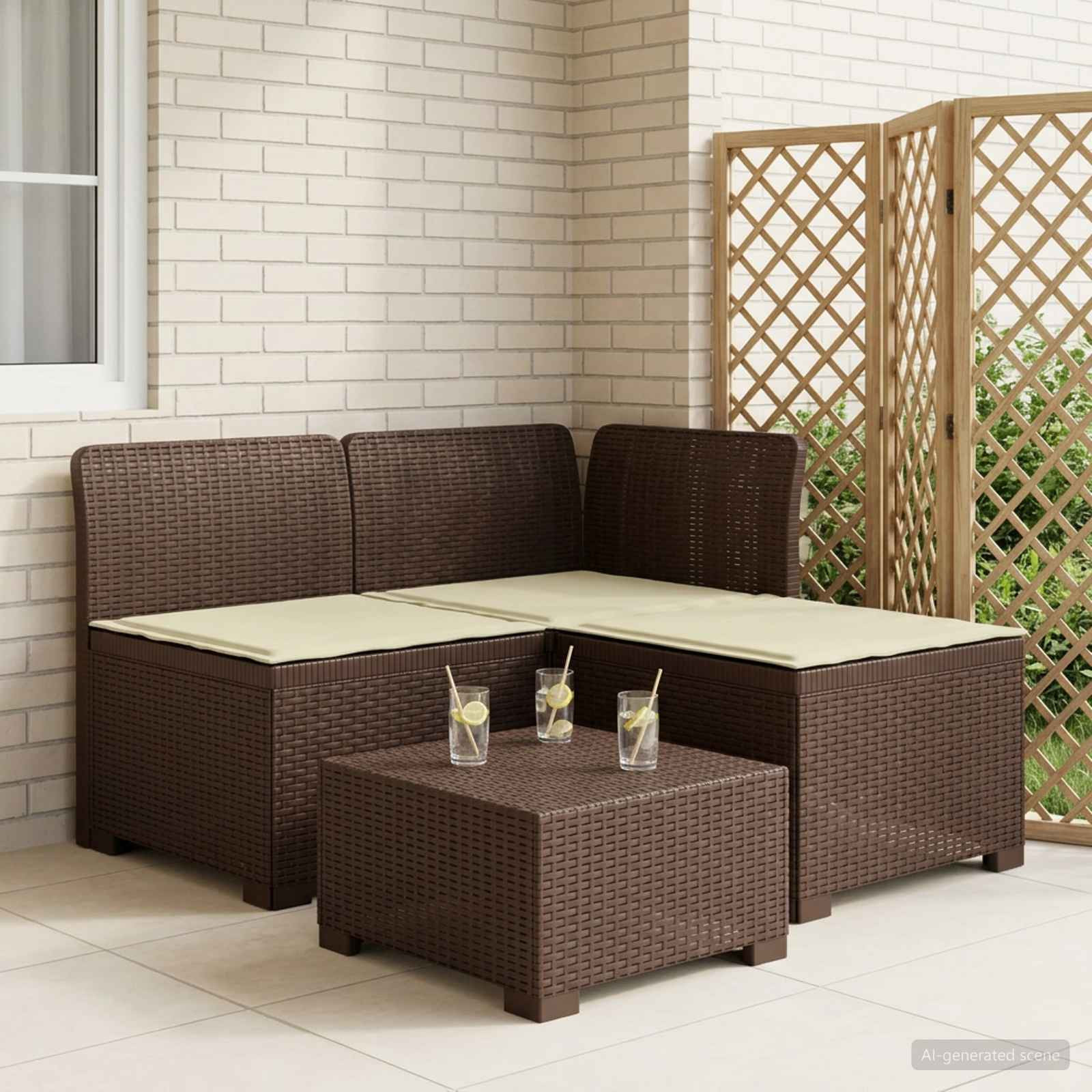 vidaXL 3-Sitzer Garten Sofa mit Kissen Rattan-Look PP Braun
