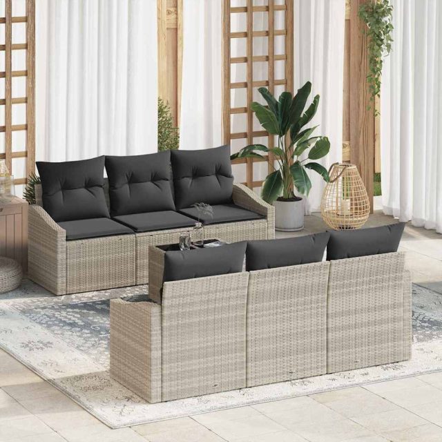 vidaXL Sofa Set mit Kissen mit Kissen 7 pcs Hellgrau Poly Rattan