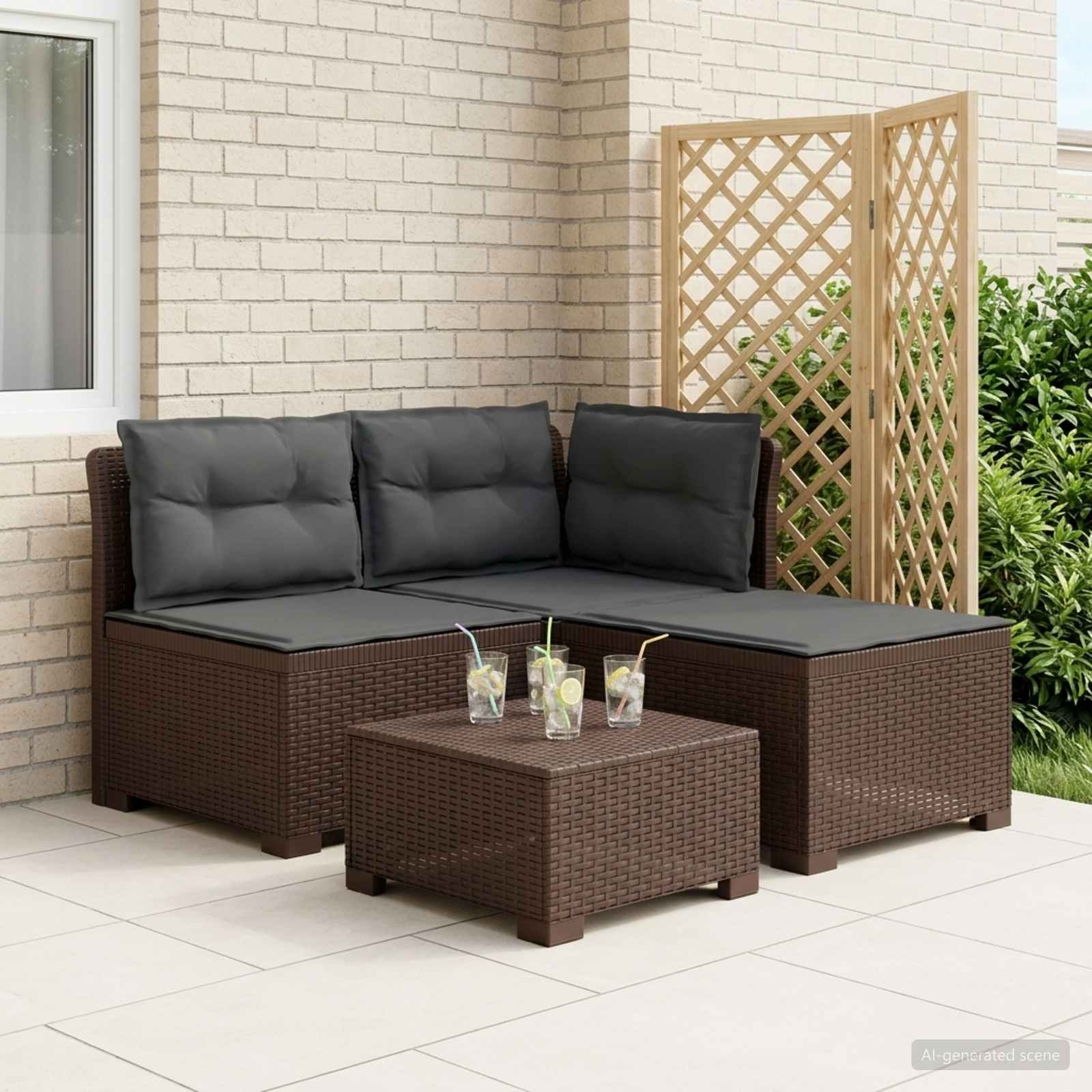 vidaXL 3-Sitzer Garten Sofa mit Kissen Rattan-Look PP Braun