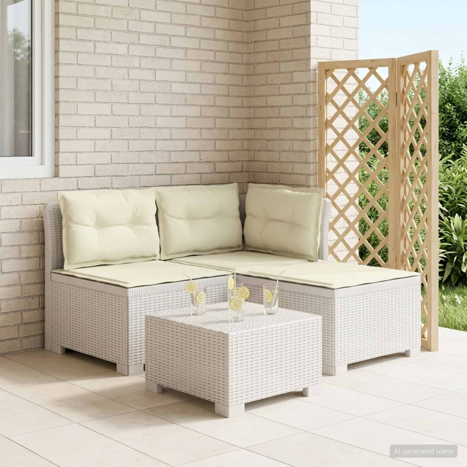 vidaXL 3-Sitzer Garten Sofa mit Kissen Rattan-Look PP Weiß