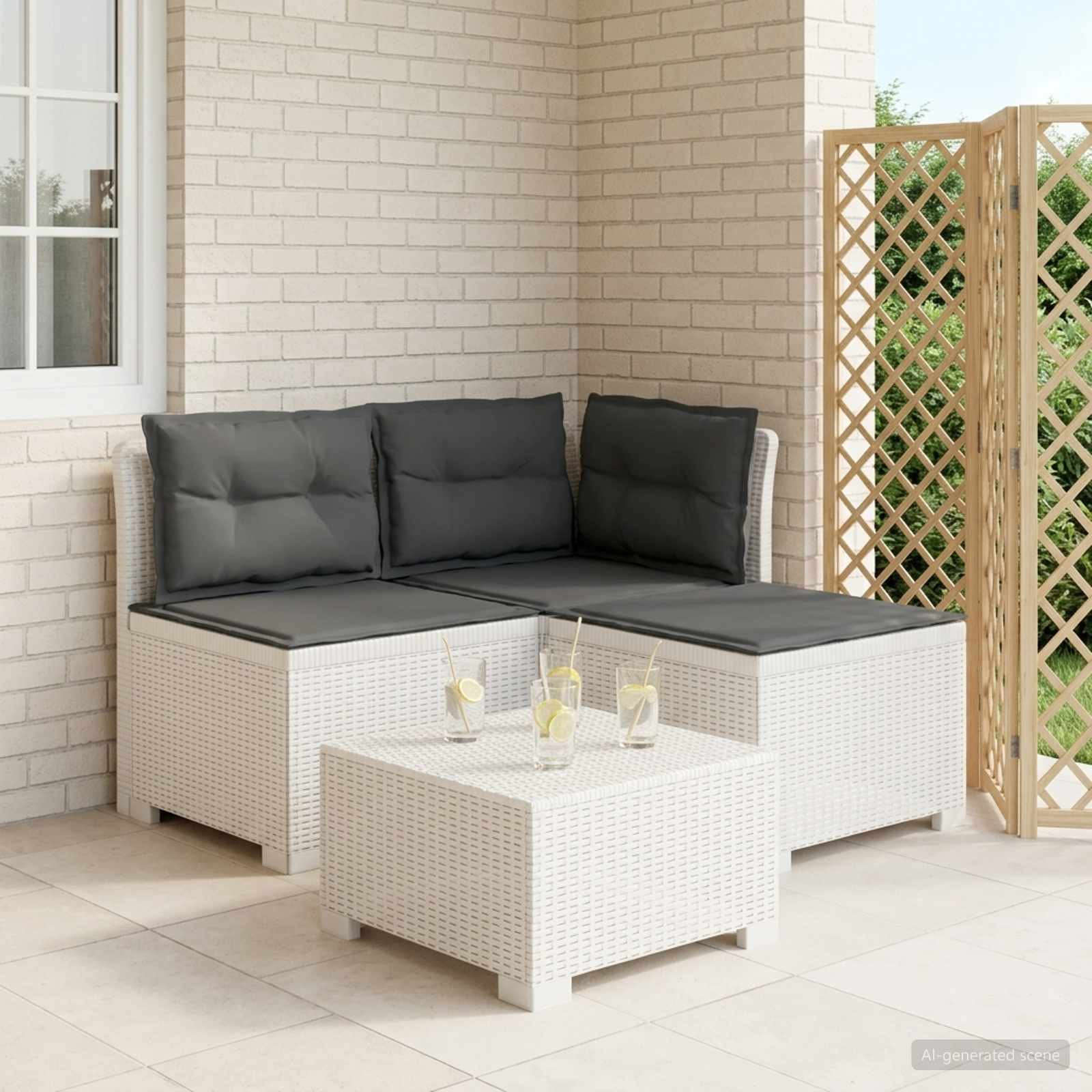 vidaXL 3-Sitzer Garten Sofa mit Kissen Rattan-Look PP Weiß