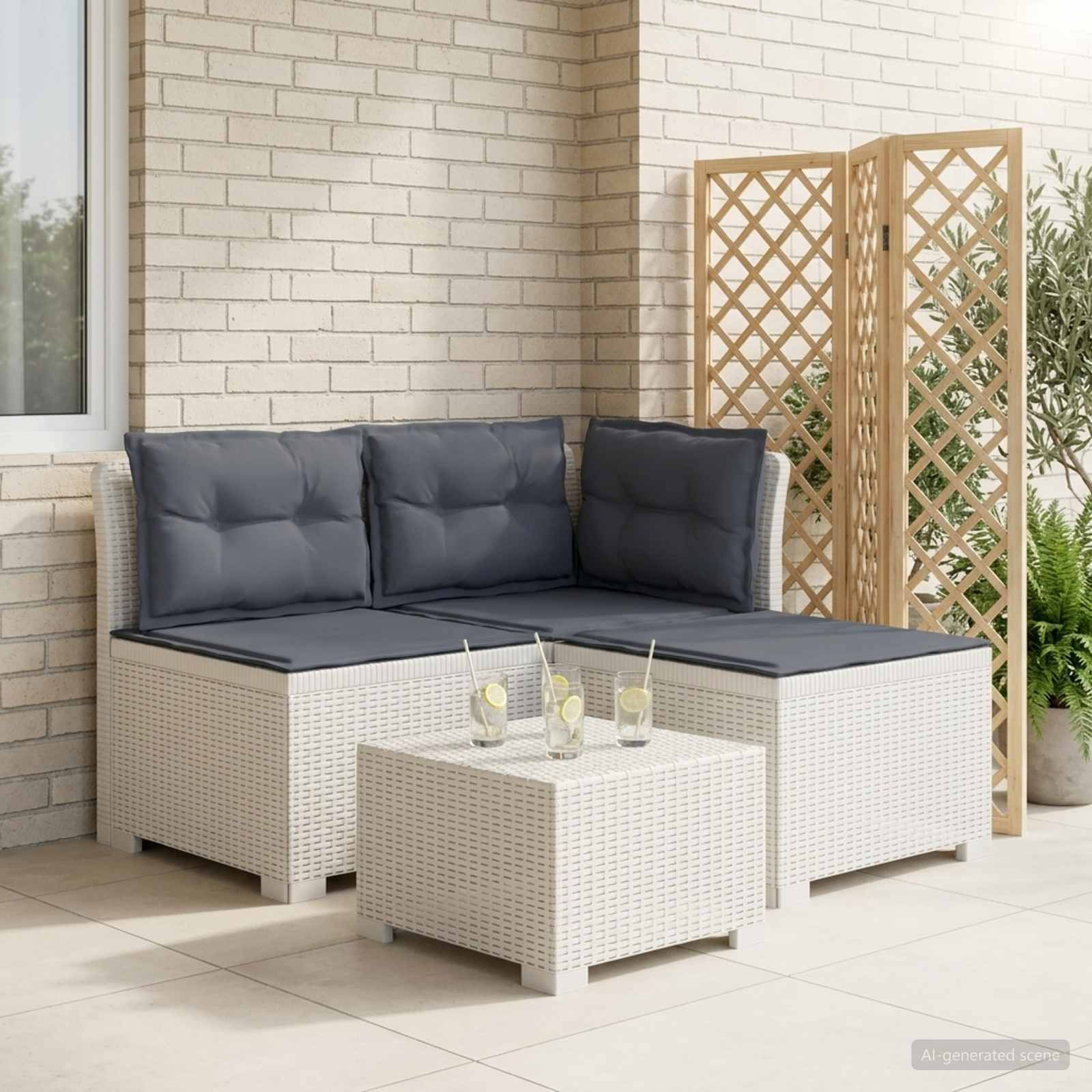 vidaXL 3-Sitzer Garten Sofa mit Kissen Rattan-Look PP Weiß