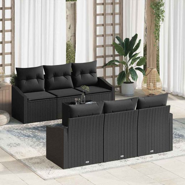 vidaXL Sofa Set mit Kissen mit Kissen 7 pcs Schwarz Poly Rattan