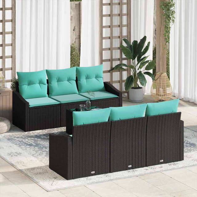 vidaXL Sofa Set mit Kissen 7 pcs Schwarz und Türkis Poly Rattan