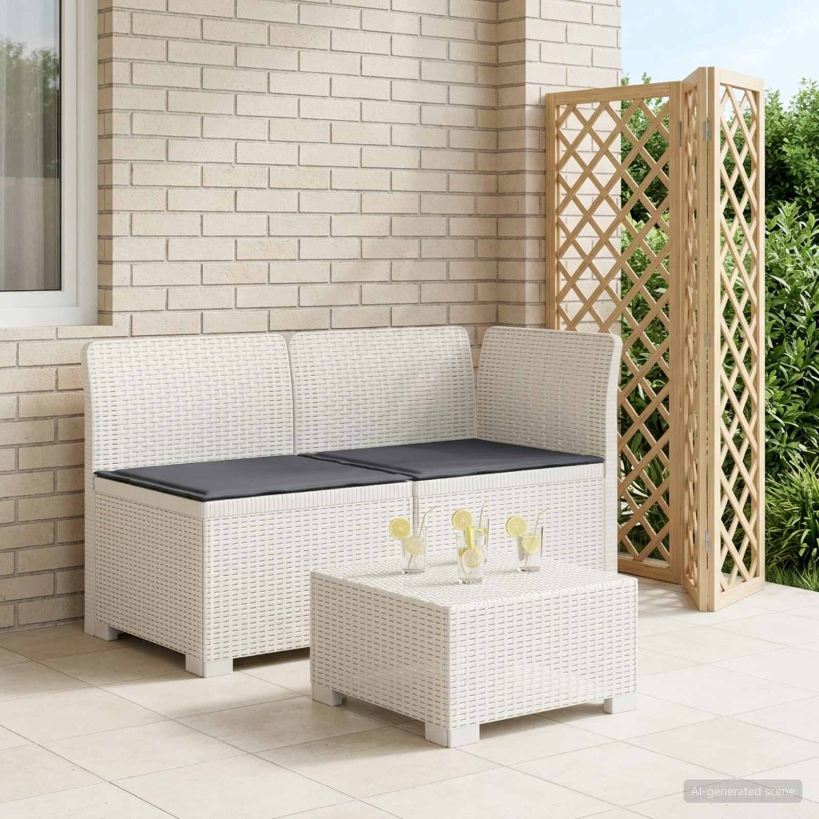 vidaXL 2-Sitzer Garten-Sofa mit Kissen Rattan-Look PP Weiß