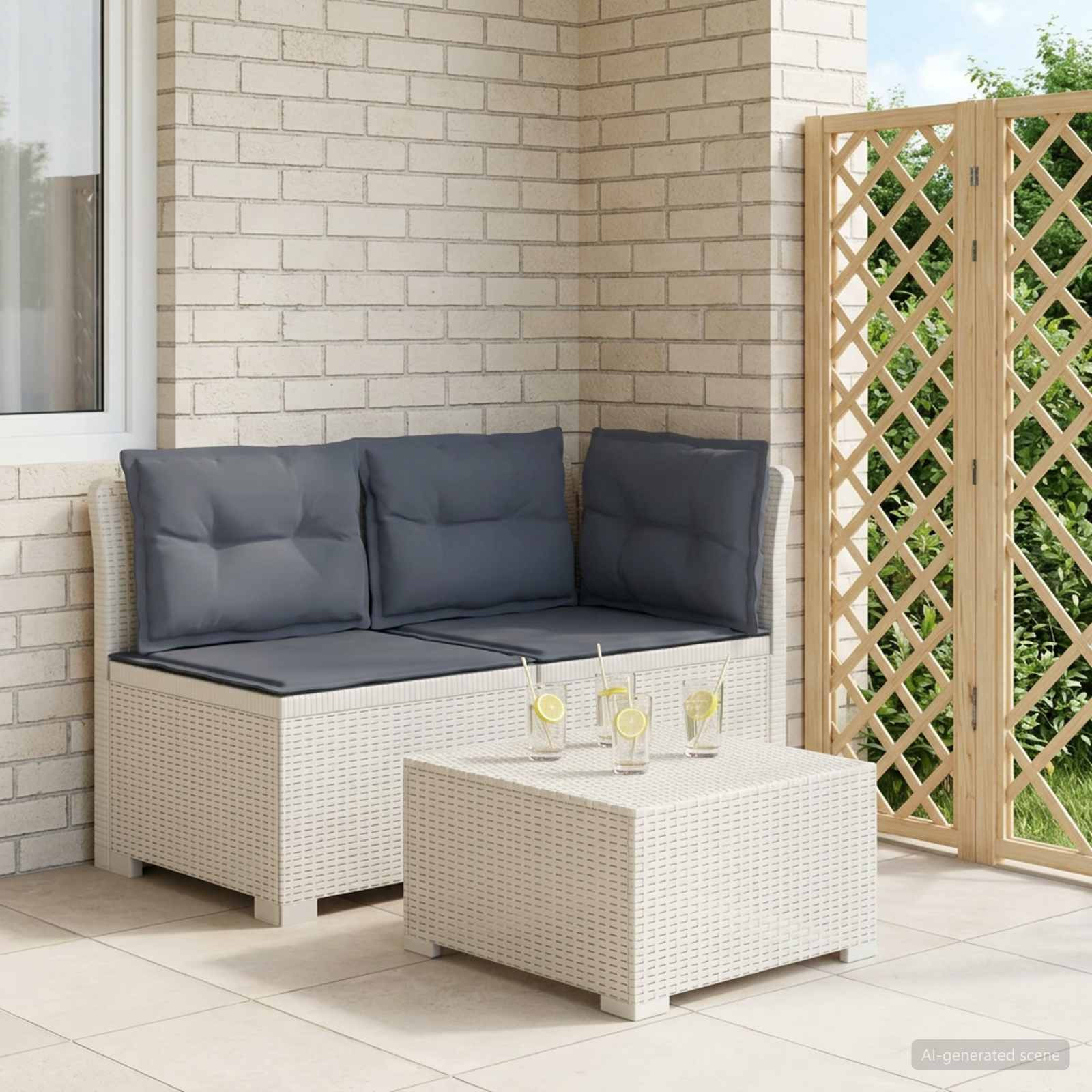 vidaXL 2-Sitzer Garten-Sofa mit Kissen Rattan-Look PP Weiß