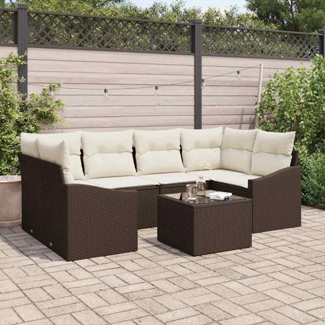 vidaXL Sofa Set mit Kissen 7 pcs Braun und Creme Poly-Rattan