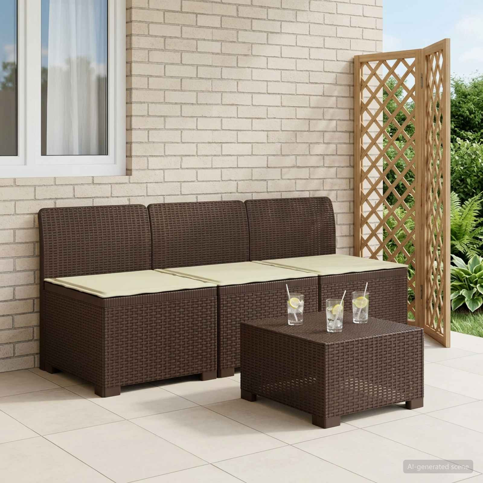 vidaXL 3-Sitzer Garten Sofa mit Kissen Rattan-Look PP Braun