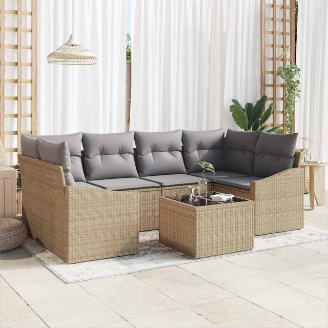 vidaXL Sofa Set mit Kissen 7 pcs Beige und Hellgrau Poly Rattan