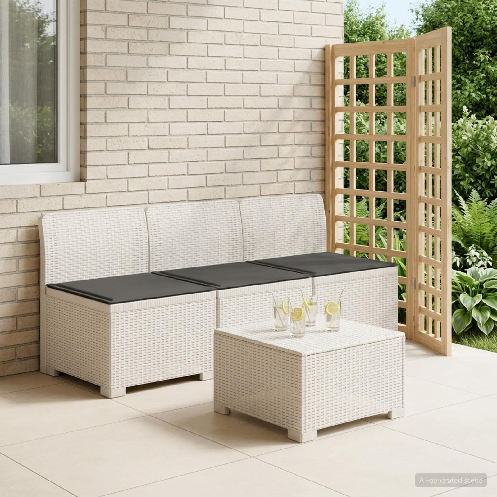 vidaXL 3-Sitzer Garten Sofa mit Kissen Rattan-Look PP Weiß