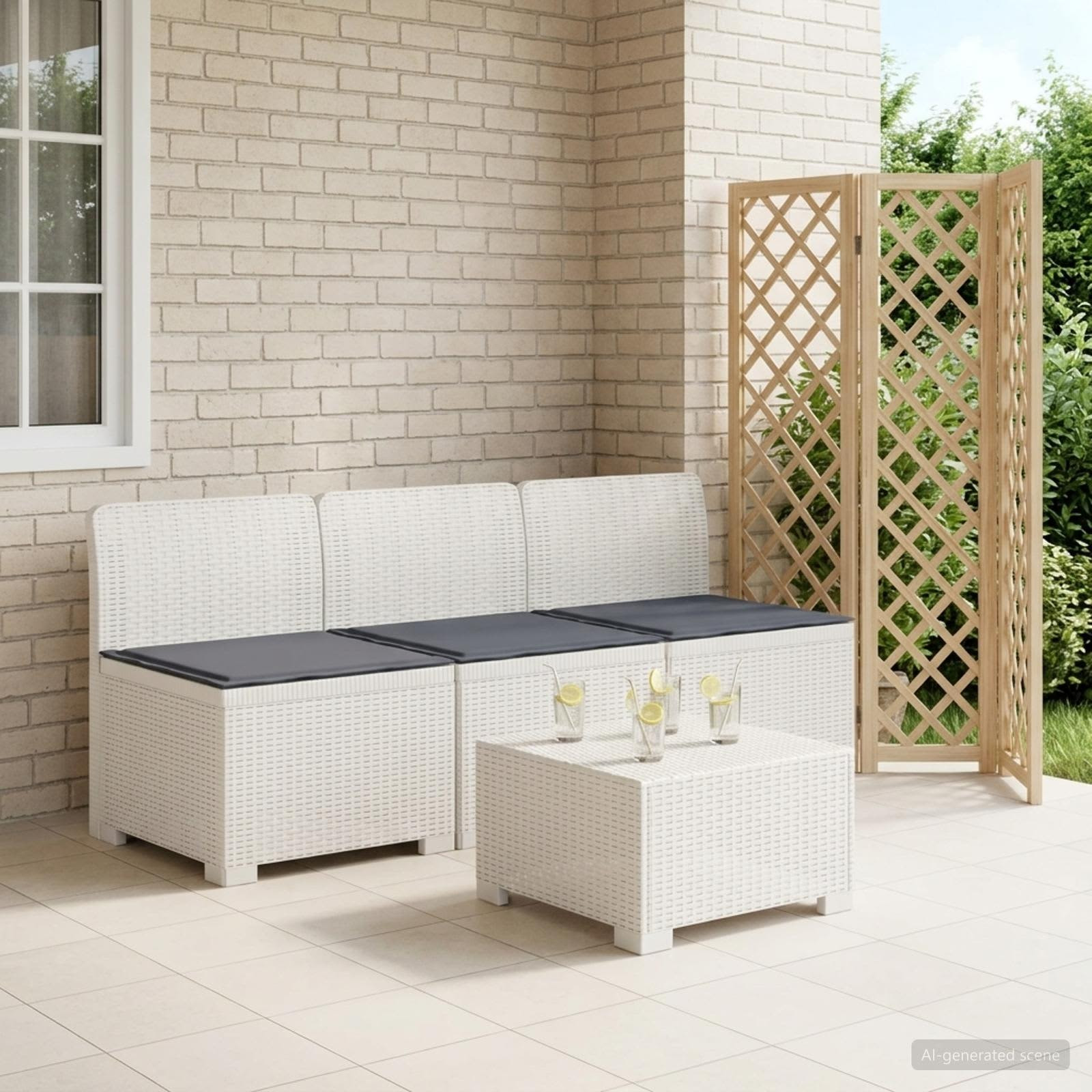 vidaXL 3-Sitzer Garten Sofa mit Kissen Rattan-Look PP Weiß