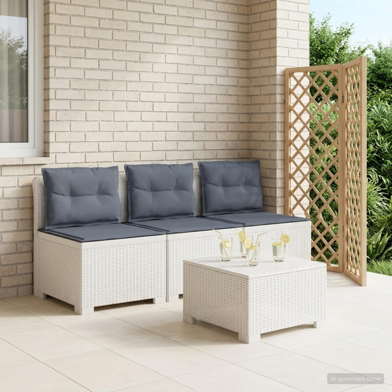 vidaXL 3-Sitzer Garten Sofa mit Kissen Rattan-Look PP Weiß