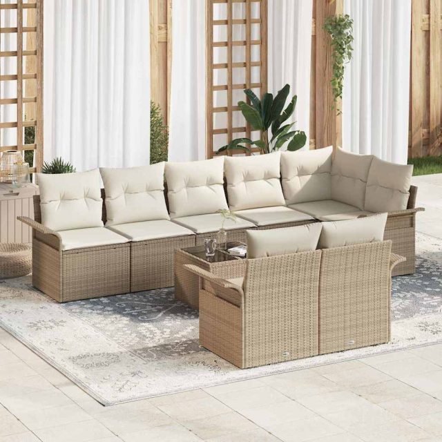 vidaXL Gartensofa-set mit Kissen 9 pcs Beige Poly-Rattan