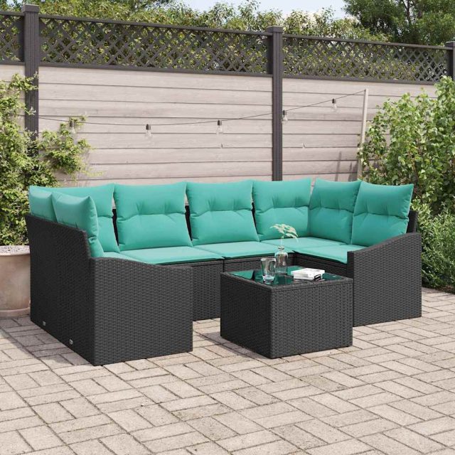 vidaXL Sofa Set mit Kissen 7 pcs Schwarz und Türkis Poly Rattan