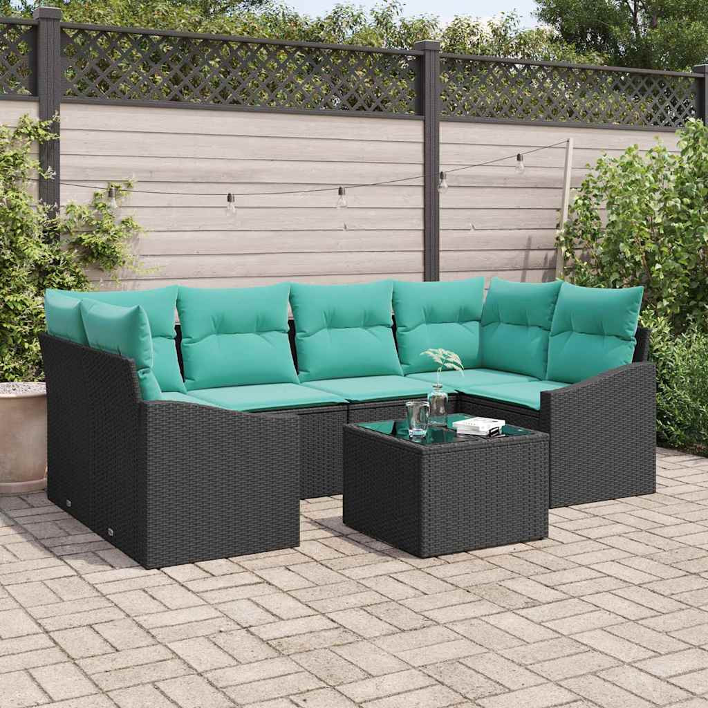 vidaXL Sofa Set mit Kissen 7 pcs Schwarz und Türkis Poly Rattan