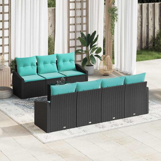 vidaXL Sofa Set mit Kissen 8 pcs Schwarz und Türkis Poly Rattan