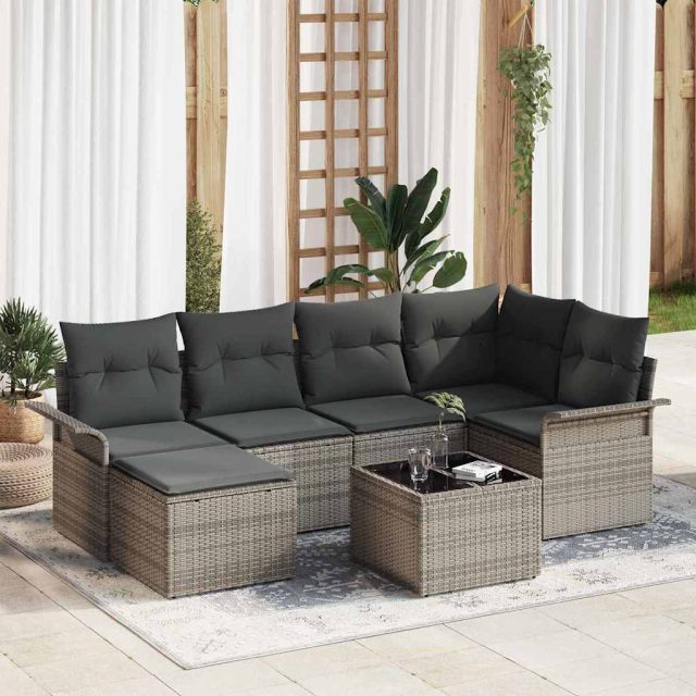 vidaXL Gartensofa-set mit Kissen 7 pcs Grau Poly-Rattan