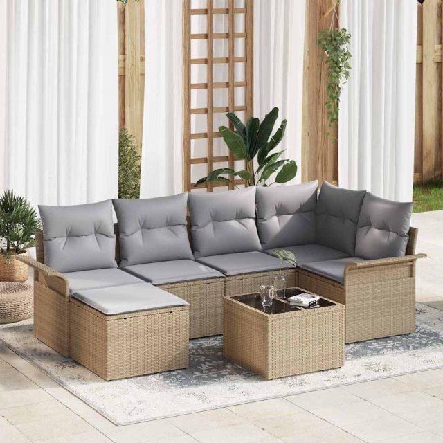 vidaXL Gartensofa-set mit Kissen 7 pcs Beige Poly-Rattan