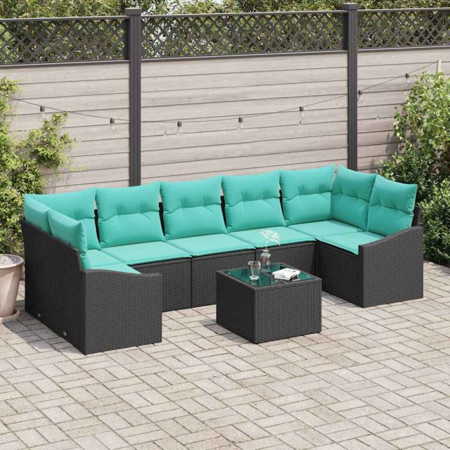 vidaXL Sofa Set mit Kissen 8 pcs Schwarz und Türkis Poly-Rattan
