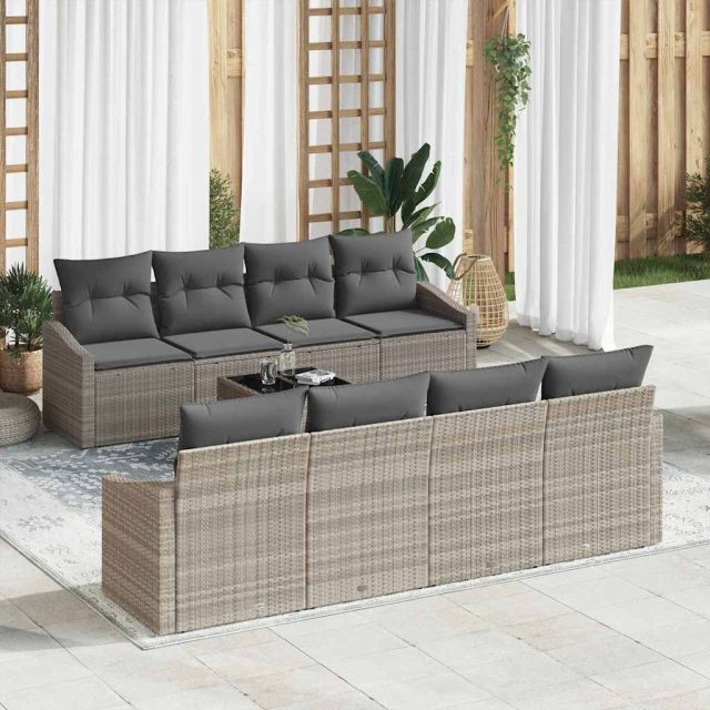 vidaXL Sofa Set mit Kissen mit Kissen 9 pcs Hellgrau Poly Rattan