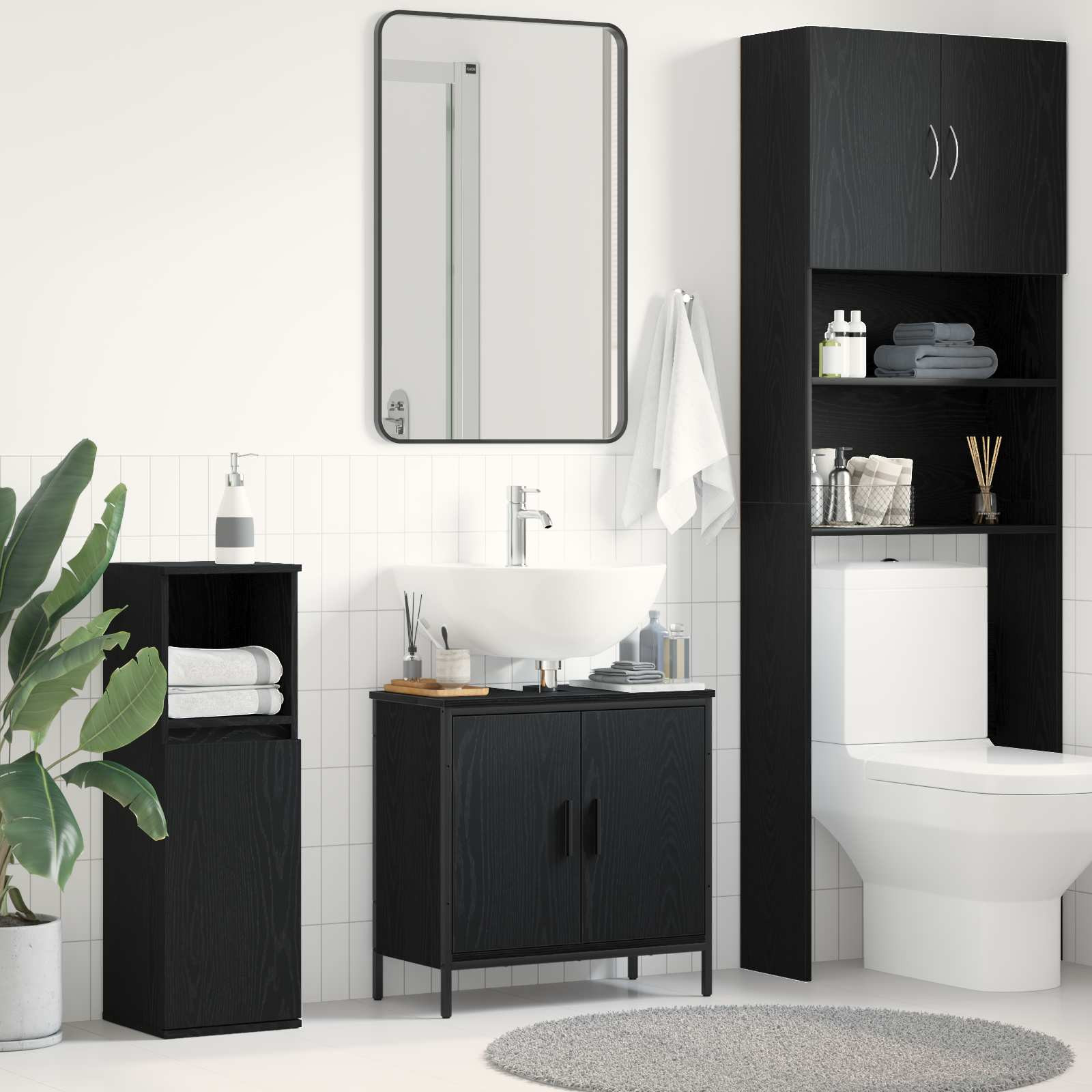 vidaXL Waschbeckenschrank mit Tür Schwarz Eichen-Optik 60 x 30 x 60 cm