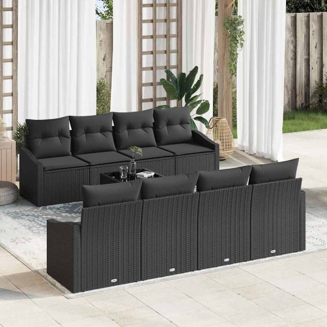 vidaXL Sofa Set mit Kissen mit Kissen 9 pcs Schwarz Poly Rattan