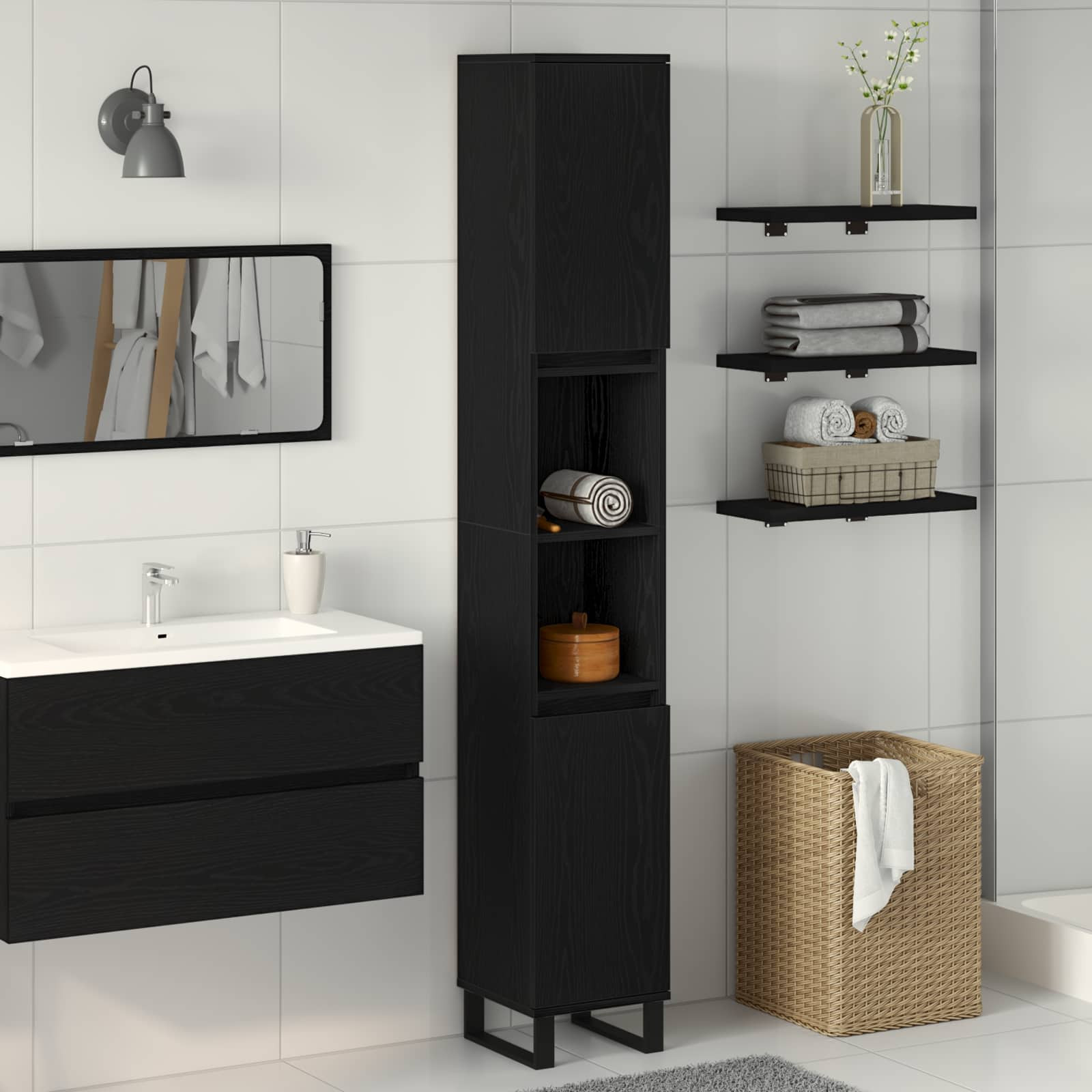 vidaXL Badezimmerschrank mit Tür Schwarz Eichen-Optik 30 x 30 x 190 cm