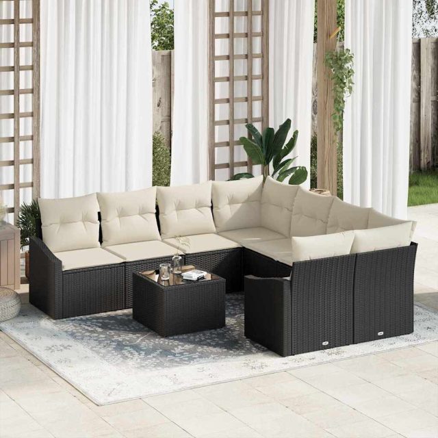 vidaXL Sofa Set mit Kissen 9 pcs Schwarz und Creme Poly-Rattan