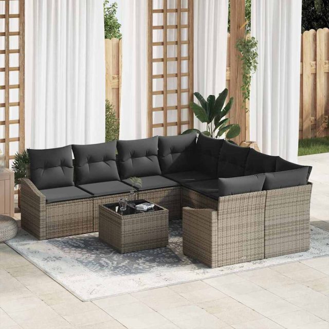 vidaXL Sofa Set mit Kissen mit Kissen 9 pcs Grau Poly Rattan