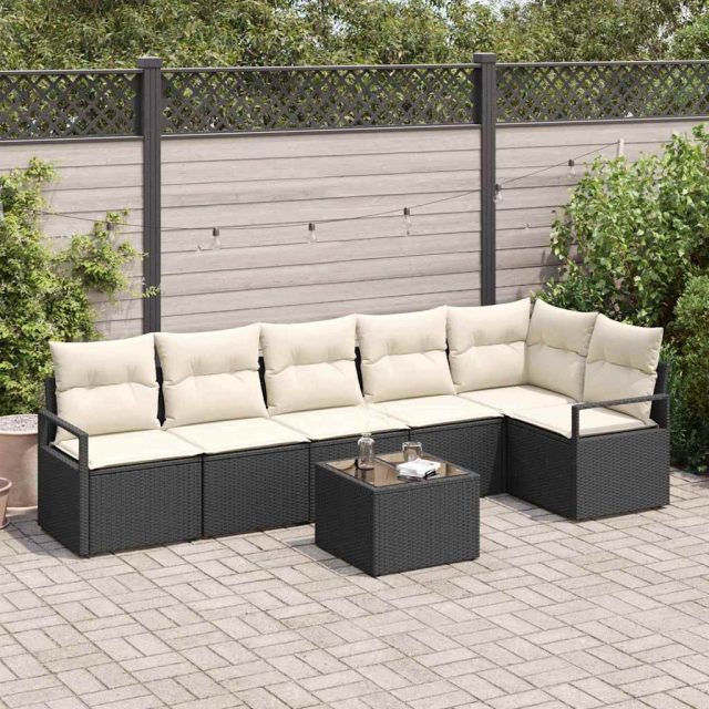 vidaXL Sofa Set mit Kissen 7 pcs Schwarz Poly Rattan