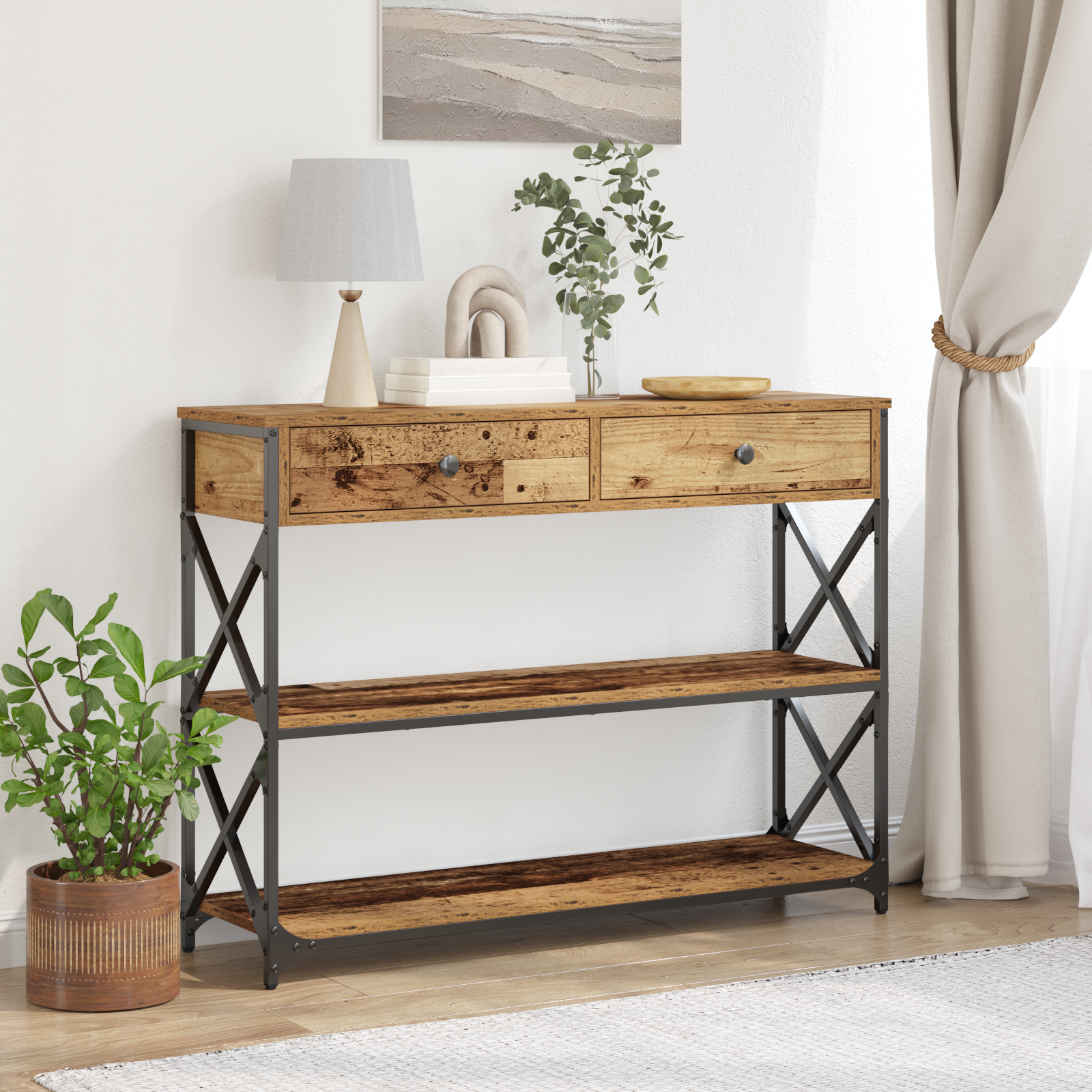 vidaXL Konsole Tisch Altholz 100 x 28 x 75 cm Schichtholz und Metall