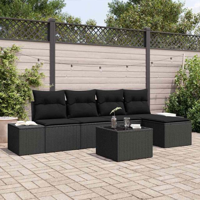vidaXL Sofa Set mit Kissen 6 pcs Schwarz Poly Rattan