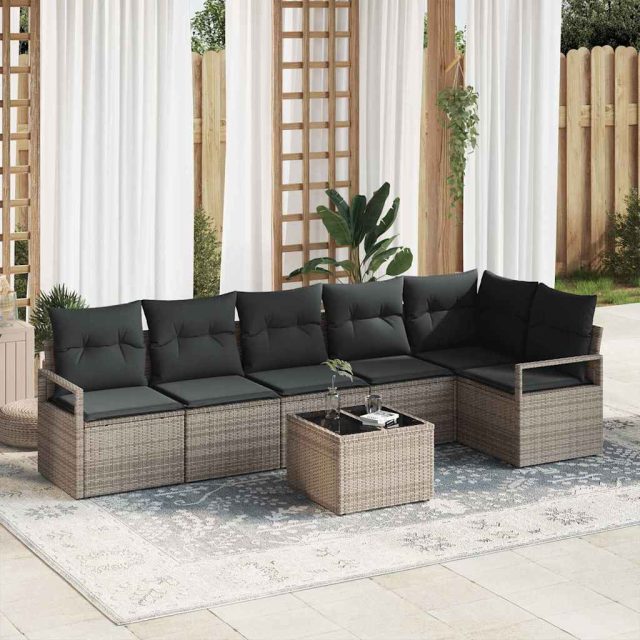 vidaXL Sofa Set mit Kissen 7 pcs Grau Poly Rattan