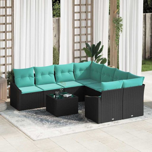 vidaXL Sofa Set mit Kissen 9 pcs Schwarz und Türkis Poly-Rattan
