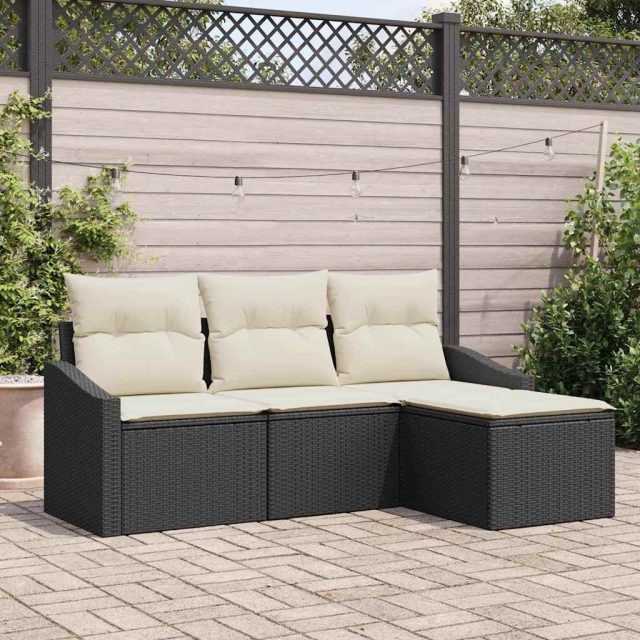 vidaXL Sofa Set mit Kissen 4 pcs Schwarz Poly Rattan