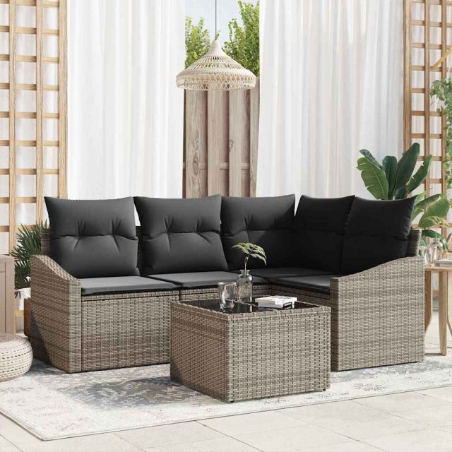 vidaXL Sofa Set mit Kissen 5 pcs Grau Poly-Rattan