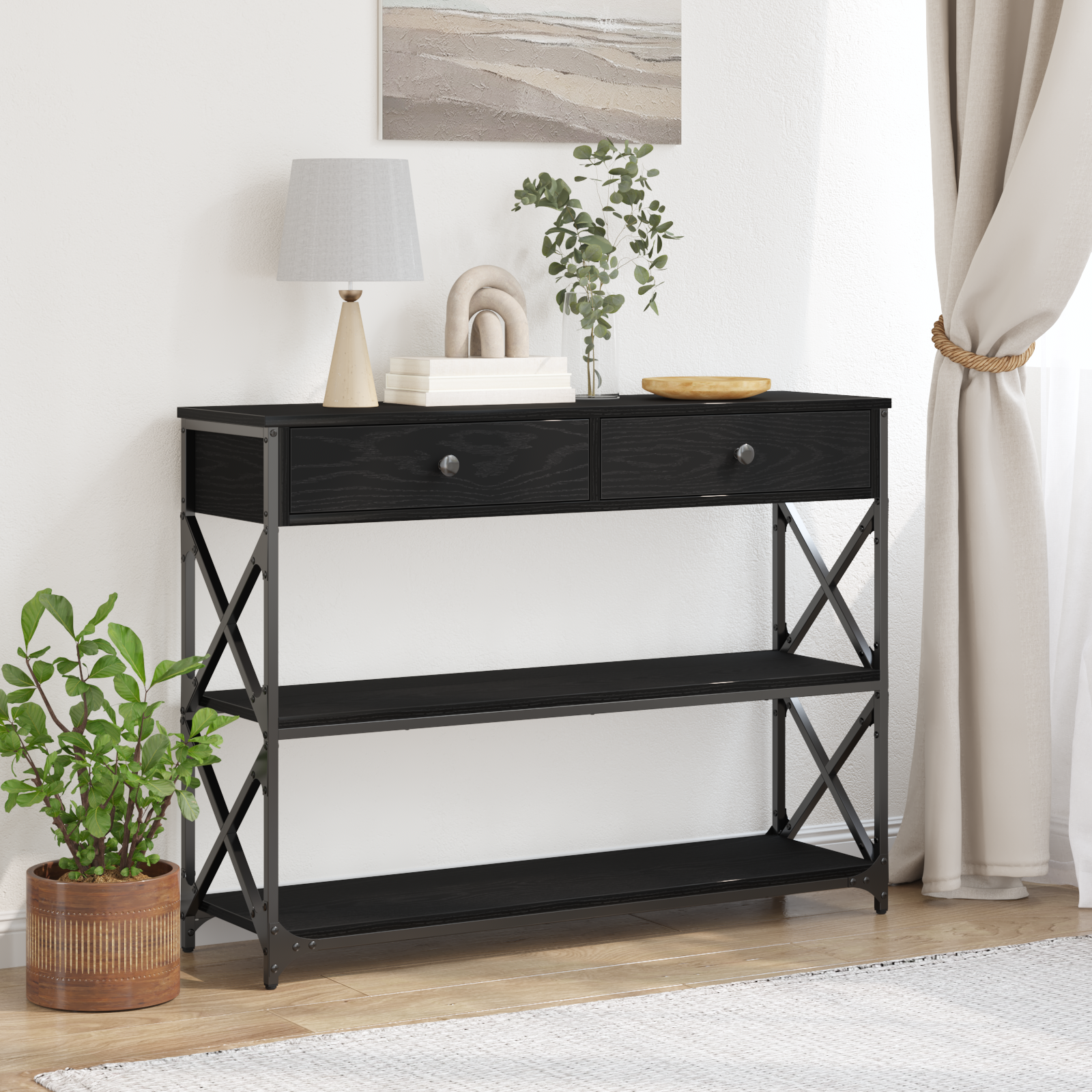 vidaXL Konsole Tisch mit Regal Schwarz Eichen-Optik 100 x 28 x 75 cm