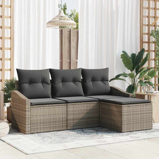 vidaXL Sofa Set mit Kissen 4 pcs Grau Poly Rattan